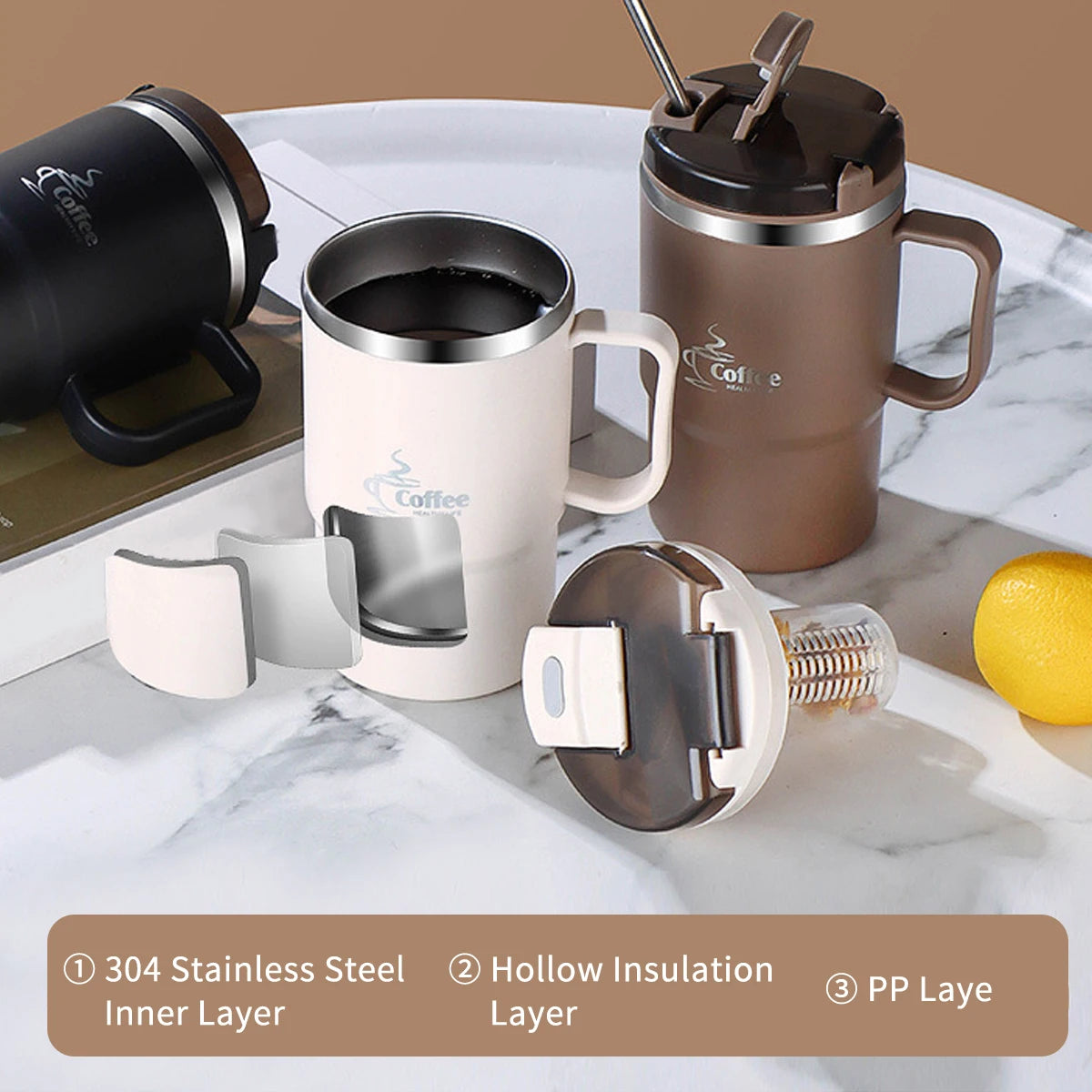 450/500ml 304 Stainless Steel Coffee Cup With Strainer & Spoon Double Wall Insulated Mug Student Portable Drinking Cup Drinkware