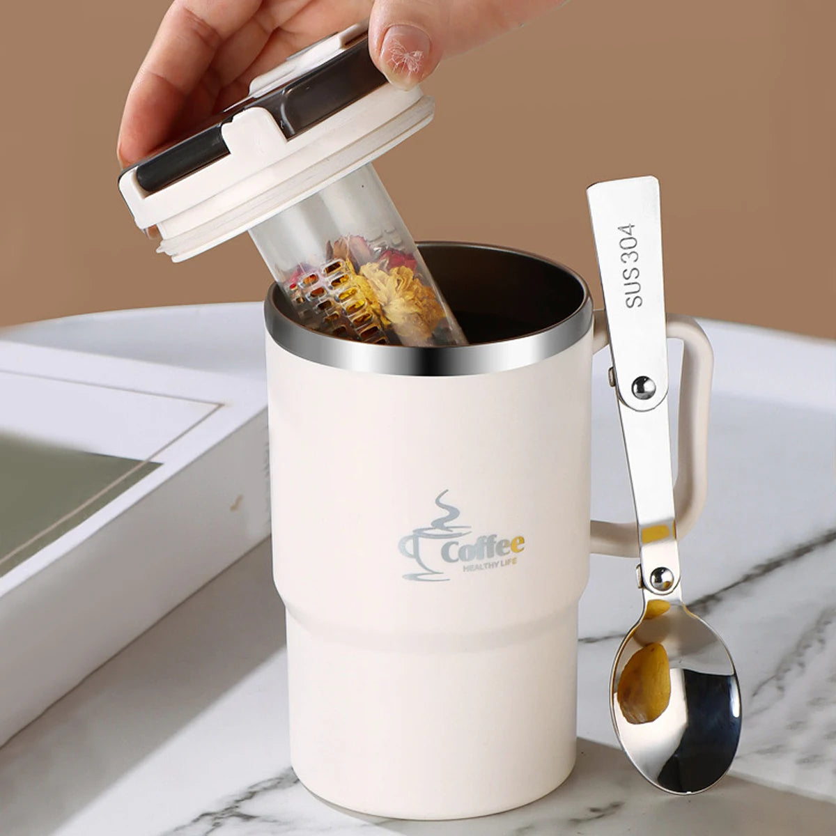 450/500ml 304 Stainless Steel Coffee Cup With Strainer & Spoon Double Wall Insulated Mug Student Portable Drinking Cup Drinkware