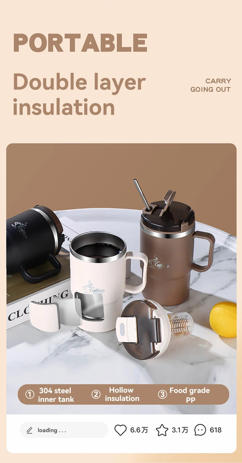 450/500ml 304 Stainless Steel Coffee Cup With Strainer & Spoon Double Wall Insulated Mug Student Portable Drinking Cup Drinkware