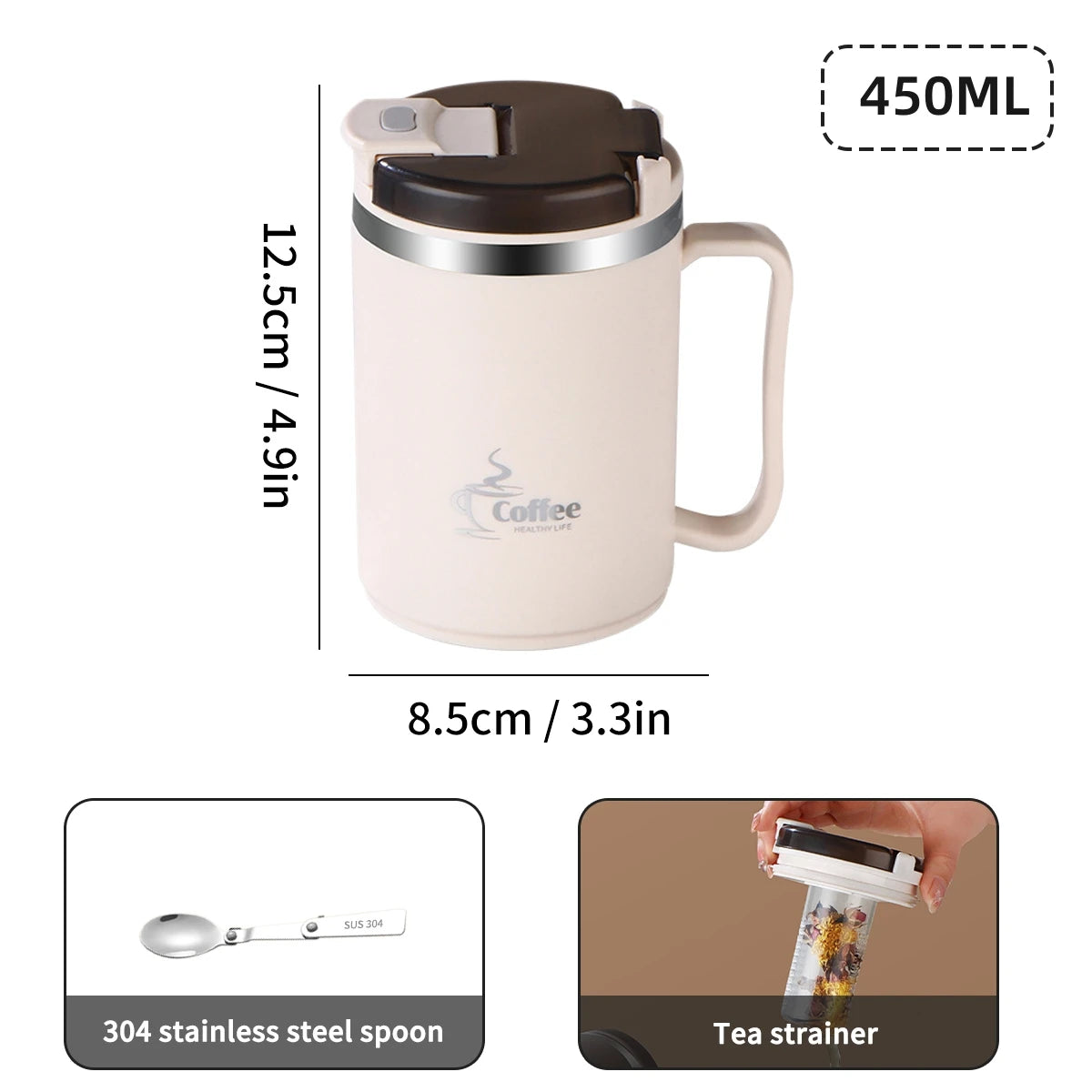 450/500ml 304 Stainless Steel Coffee Cup With Strainer & Spoon Double Wall Insulated Mug Student Portable Drinking Cup Drinkware