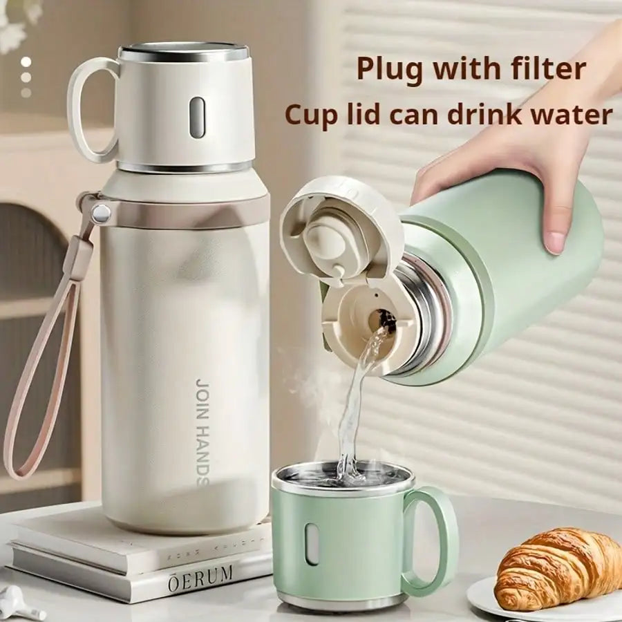 304 Stainless Steel Vacuum Insulated, Portable Thermal Water Bottle With Cup Lid & Carry Strap, Leakproof Hot Cold Flask For Travel Outdoor Office