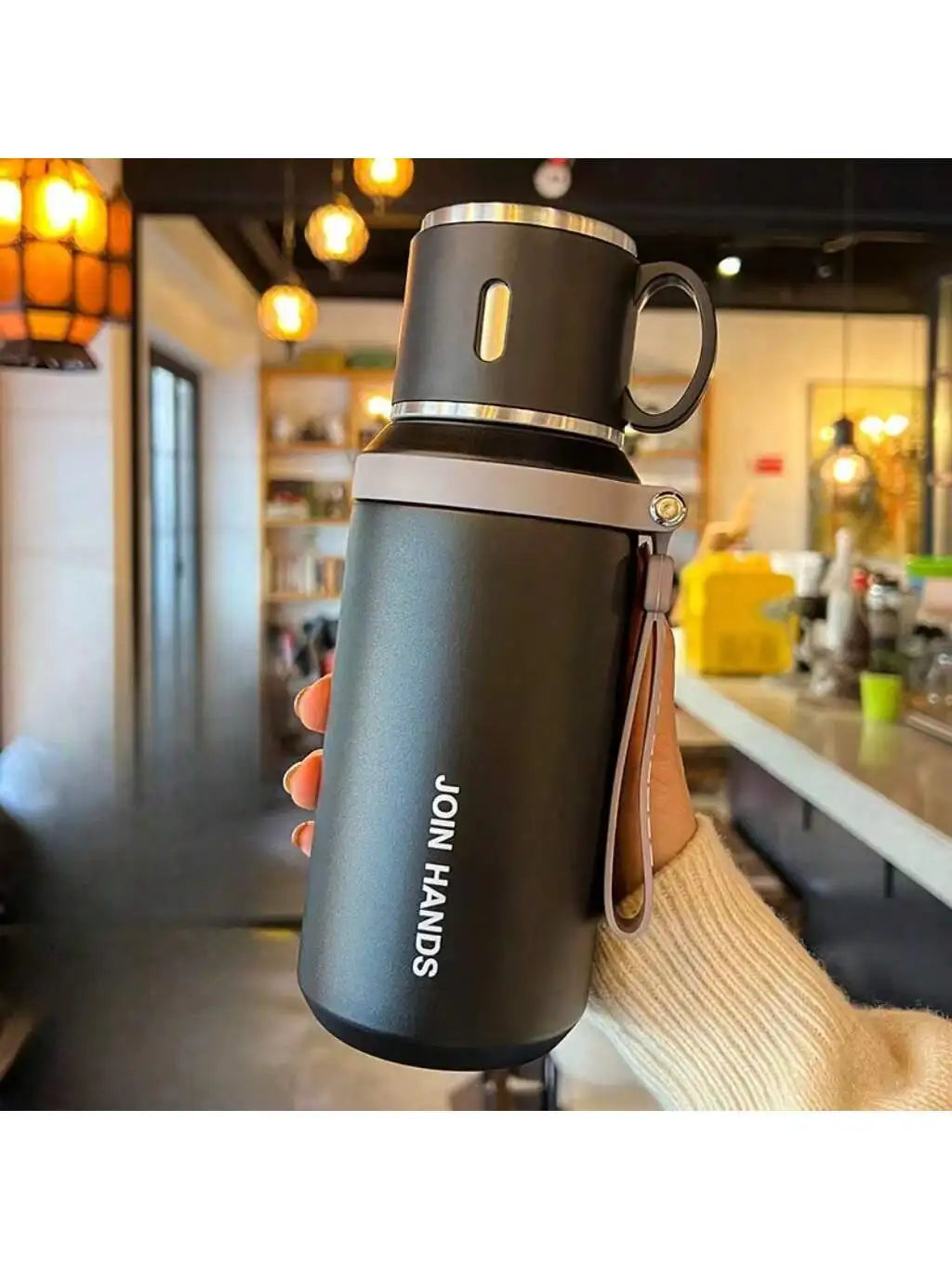 304 Stainless Steel Vacuum Insulated, Portable Thermal Water Bottle With Cup Lid & Carry Strap, Leakproof Hot Cold Flask For Travel Outdoor Office