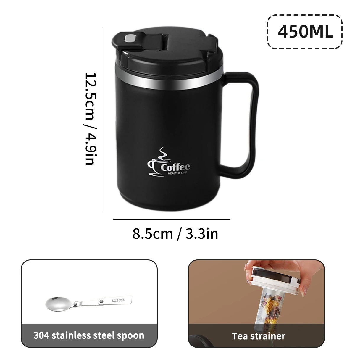 450/500ml 304 Stainless Steel Coffee Cup With Strainer & Spoon Double Wall Insulated Mug Student Portable Drinking Cup Drinkware