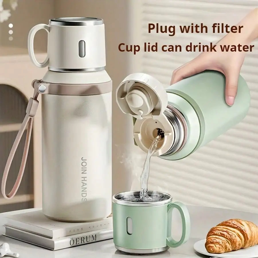 304 Stainless Steel Vacuum Insulated, Portable Thermal Water Bottle With Cup Lid & Carry Strap, Leakproof Hot Cold Flask For Travel Outdoor Office