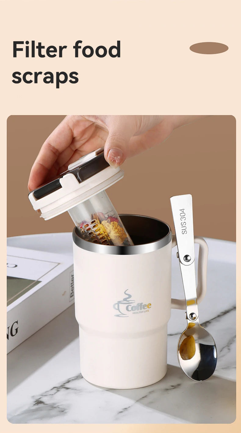 450/500ml 304 Stainless Steel Coffee Cup With Strainer & Spoon Double Wall Insulated Mug Student Portable Drinking Cup Drinkware