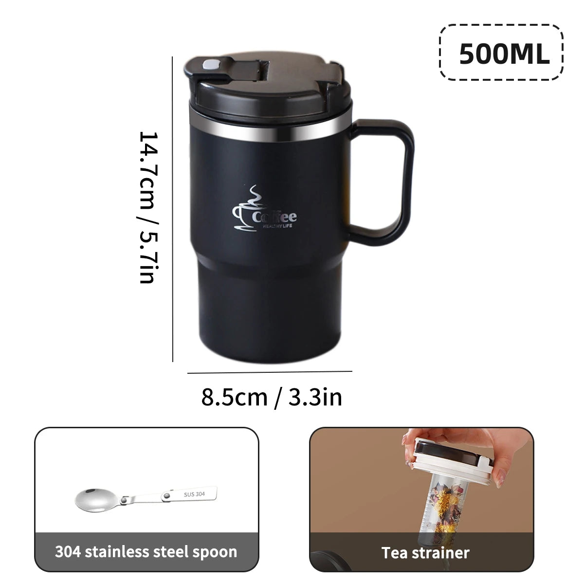 450/500ml 304 Stainless Steel Coffee Cup With Strainer & Spoon Double Wall Insulated Mug Student Portable Drinking Cup Drinkware