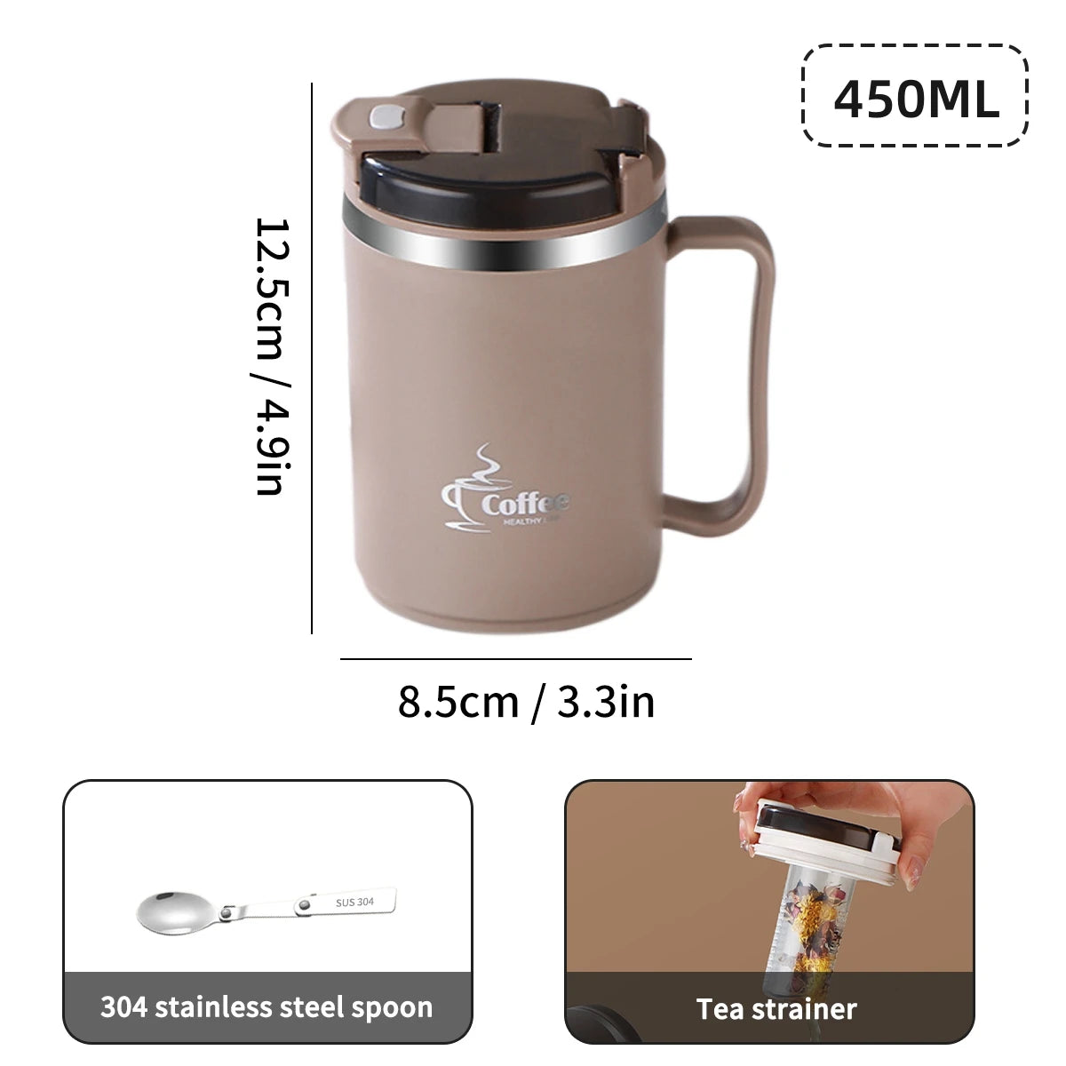 450/500ml 304 Stainless Steel Coffee Cup With Strainer & Spoon Double Wall Insulated Mug Student Portable Drinking Cup Drinkware