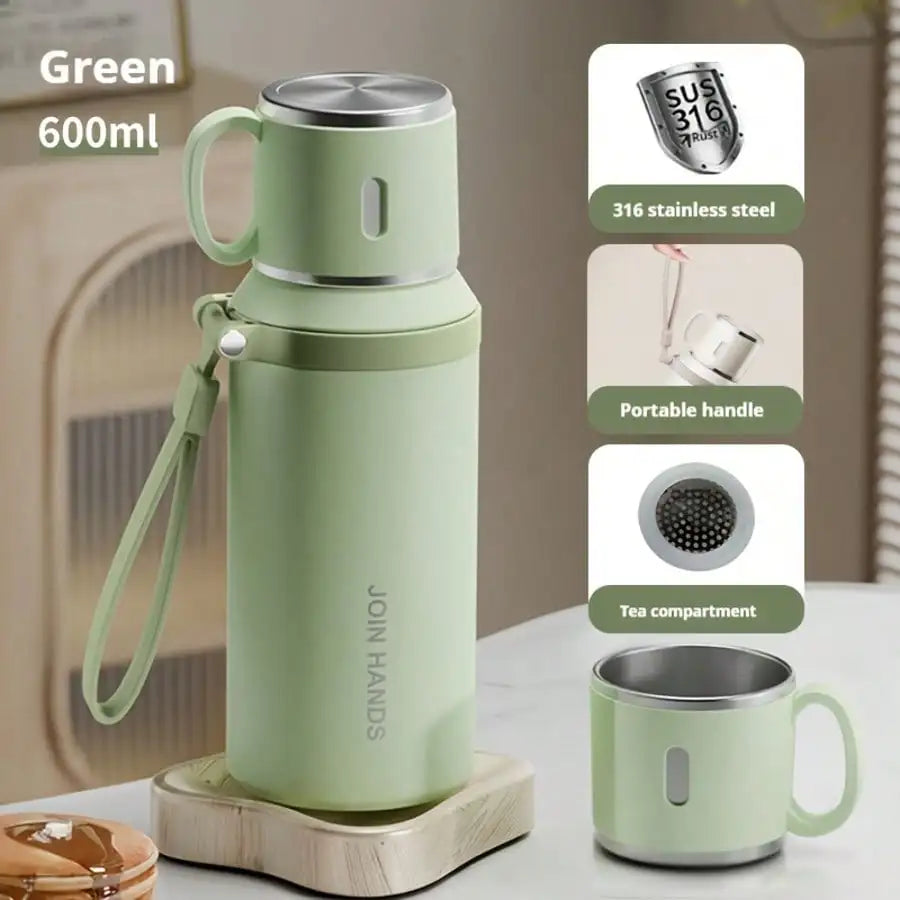 304 Stainless Steel Vacuum Insulated, Portable Thermal Water Bottle With Cup Lid & Carry Strap, Leakproof Hot Cold Flask For Travel Outdoor Office
