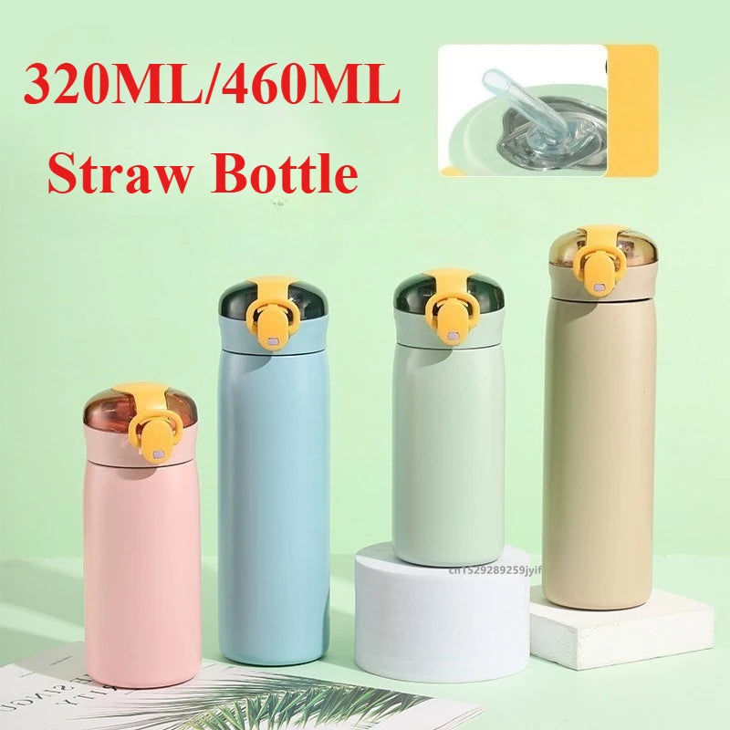 1pc 320/460ML Stainless Steel Thermal Bottle Portable Kids Straw Mug Cold and Hot Thermal Thermos Student Water Bottle