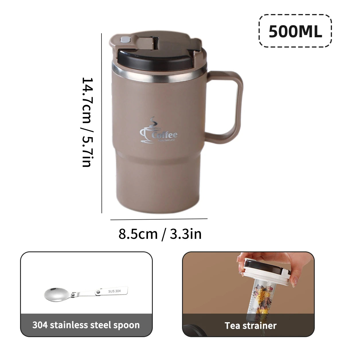 450/500ml 304 Stainless Steel Coffee Cup With Strainer & Spoon Double Wall Insulated Mug Student Portable Drinking Cup Drinkware